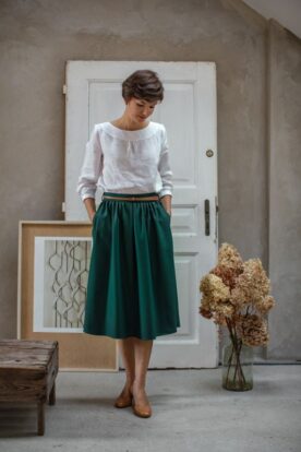 spódnica butelkowa zieleń elegancka z wysokim stanem rozkloszowana lilen