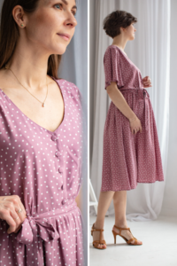 sukienka-w-groszki-ciazowa-lilen sukienka w groszki dla kobiet w ciąży w stylu retro lilen