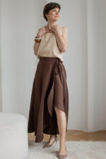 Spódnica lniana zakładana maxi - Chocolate Brown - obrazek 2